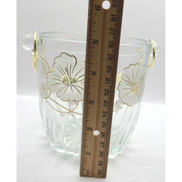 Vintage Clear Glass Ice Bucket With Gold Floral Design & Handle - Picture 6 of 7
